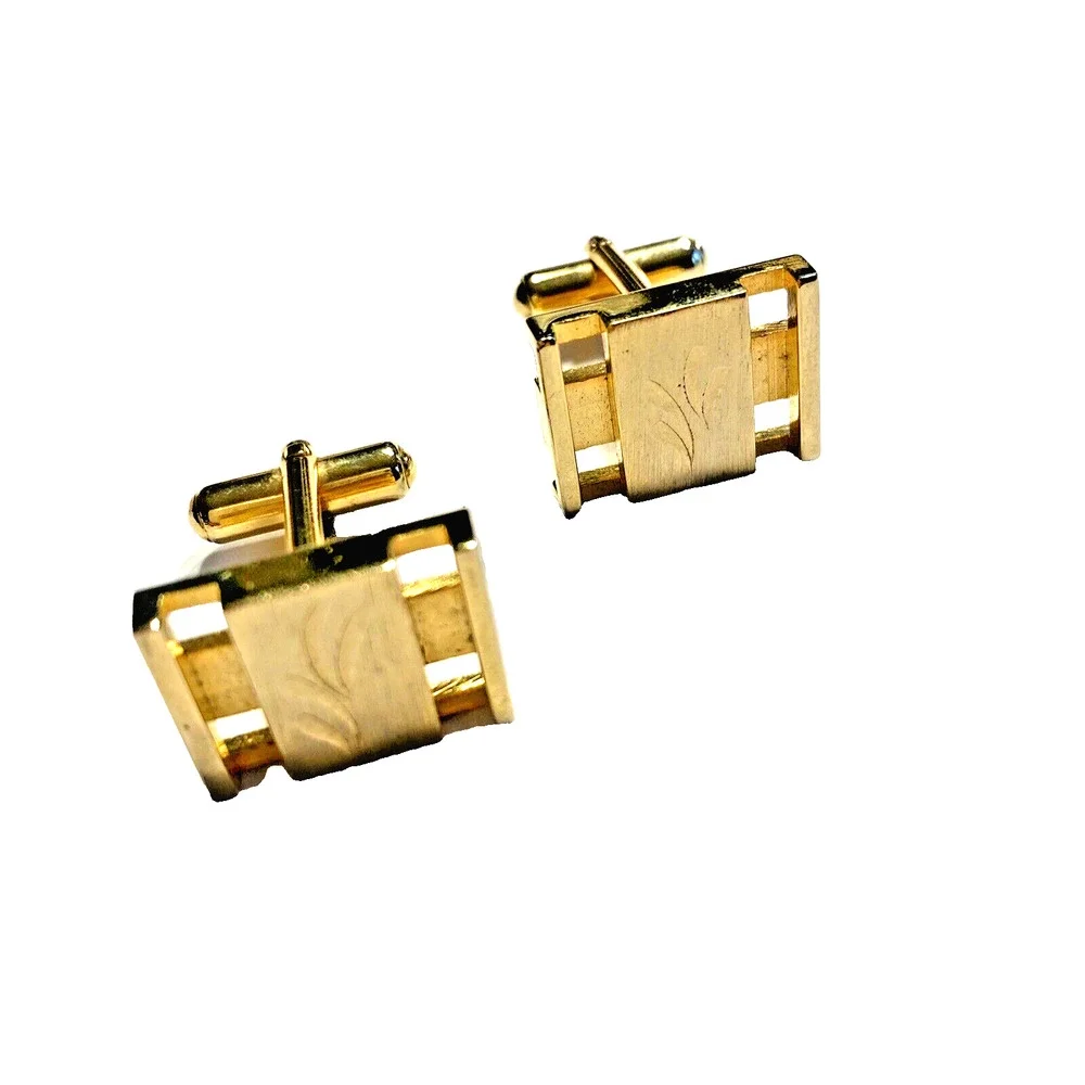Vintage Mid Century Gold Cuff Links Brushed Etched Finish Mod Geometric Design